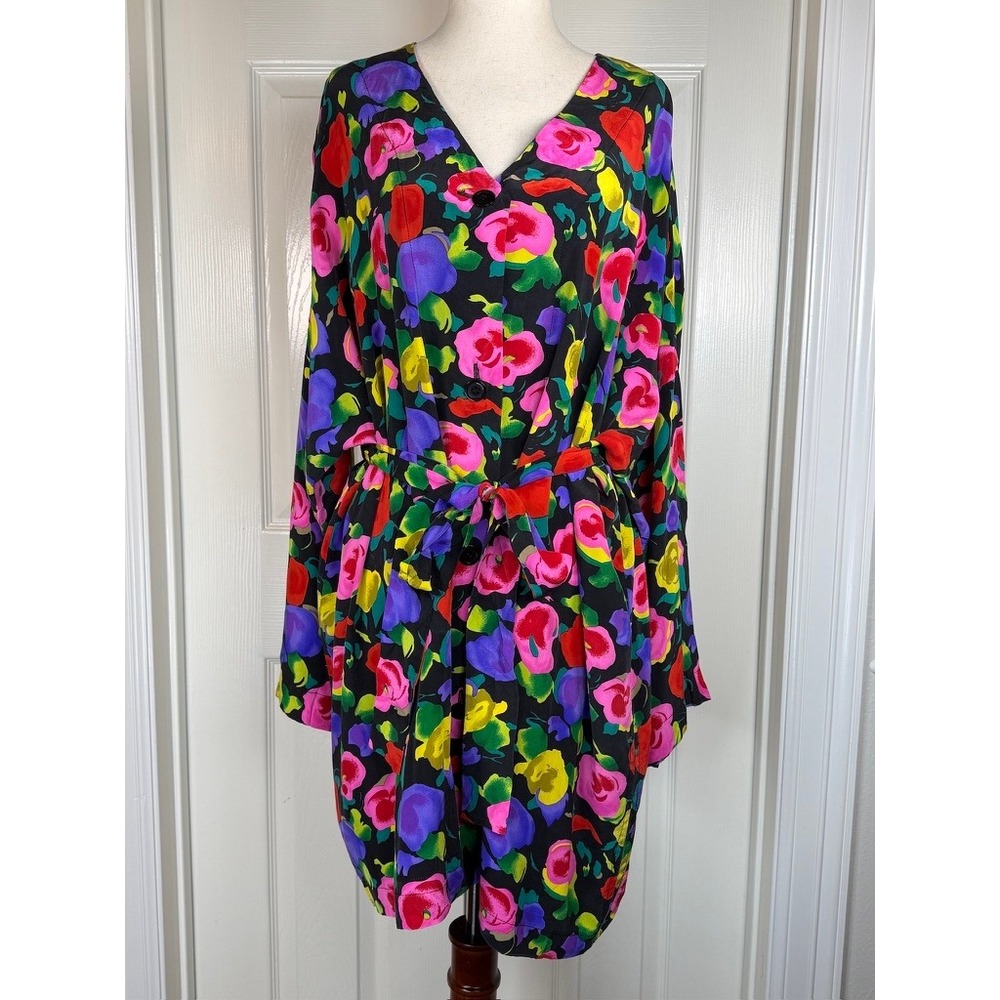 Diane von Furstenberg Vintage 90s Silk Floral Tunic Mini Dress Multi Color Large